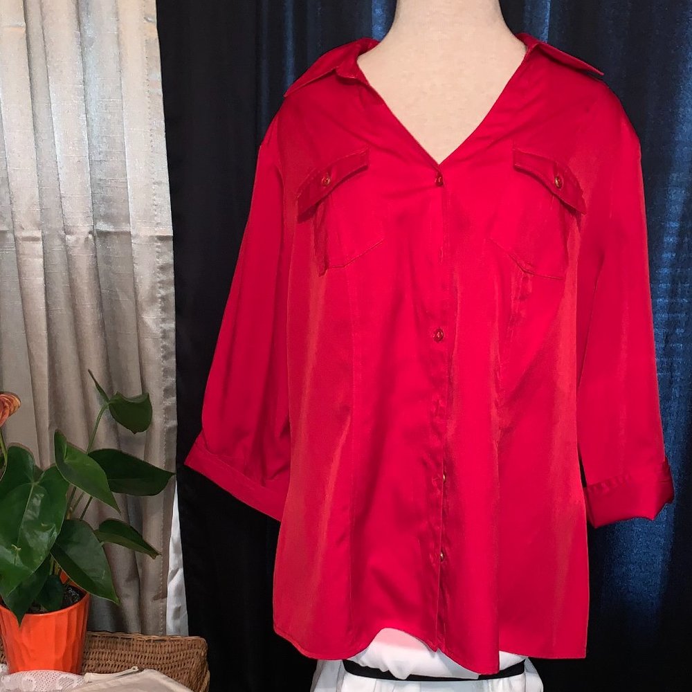 Soft and form fitiing hot red button down shirt